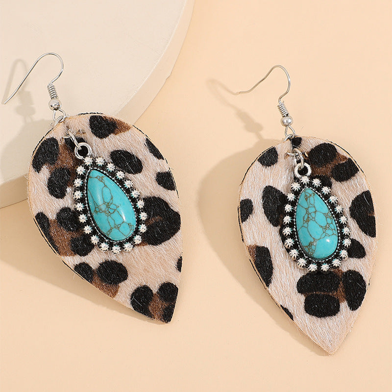Wholesale Leaf Western Style Vintage Turquoise Leopard Leather Earrings